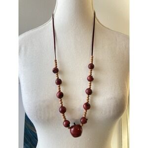 Handcrafted Wood Bead Necklace Red Apple Pendant Fruit Teacher Folk Art Ribbon